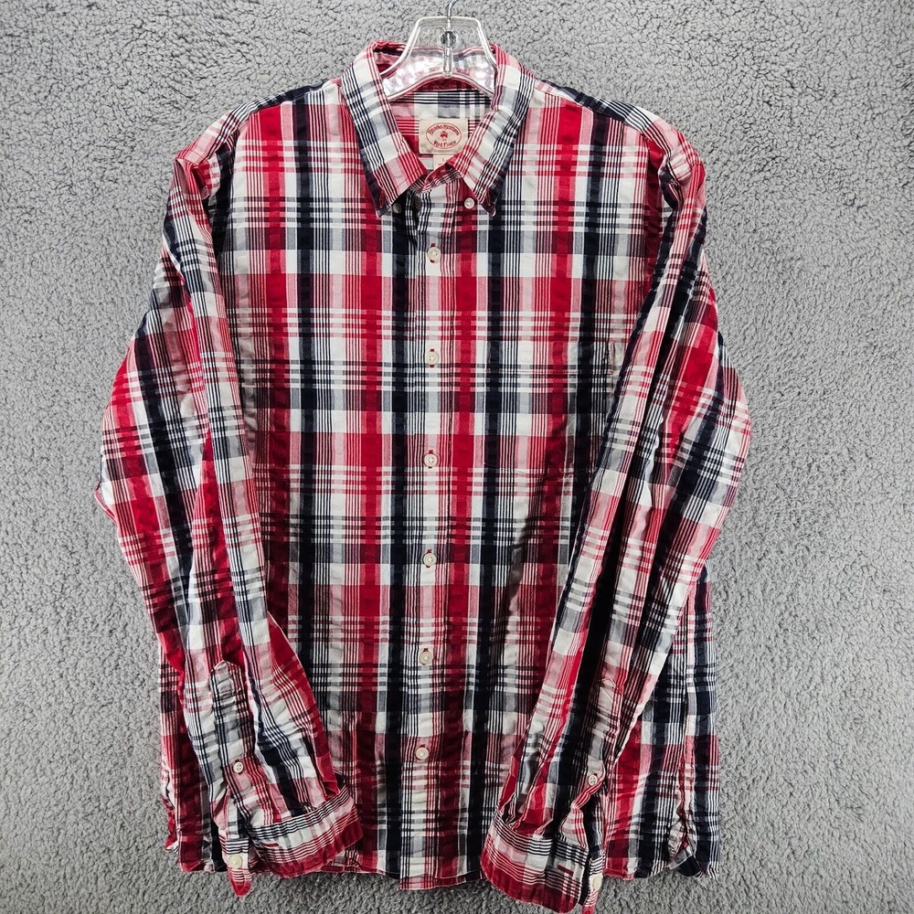 Brooks Brothers Red Fleece Mens Large Plaid Button Down Shirt Red Navy Blue L